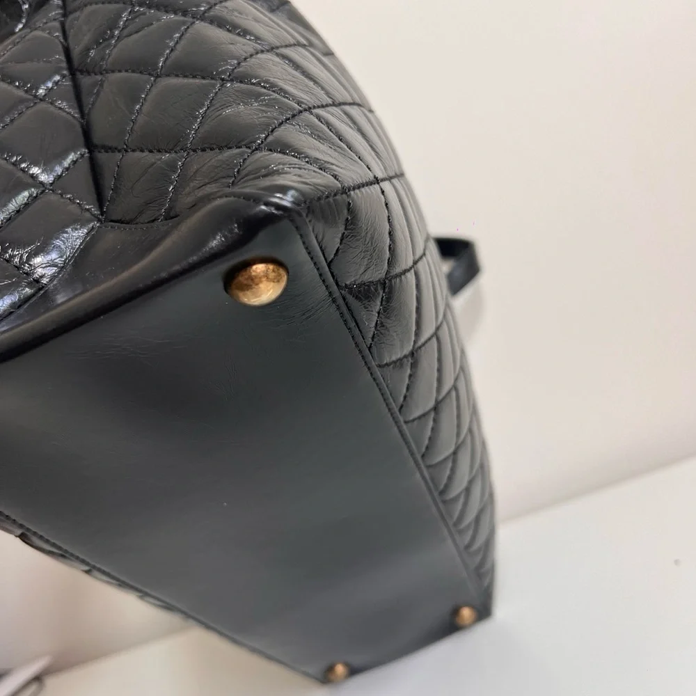 CHANEL Black Quilted Leather Laptop Tote with Gold Chain Strap